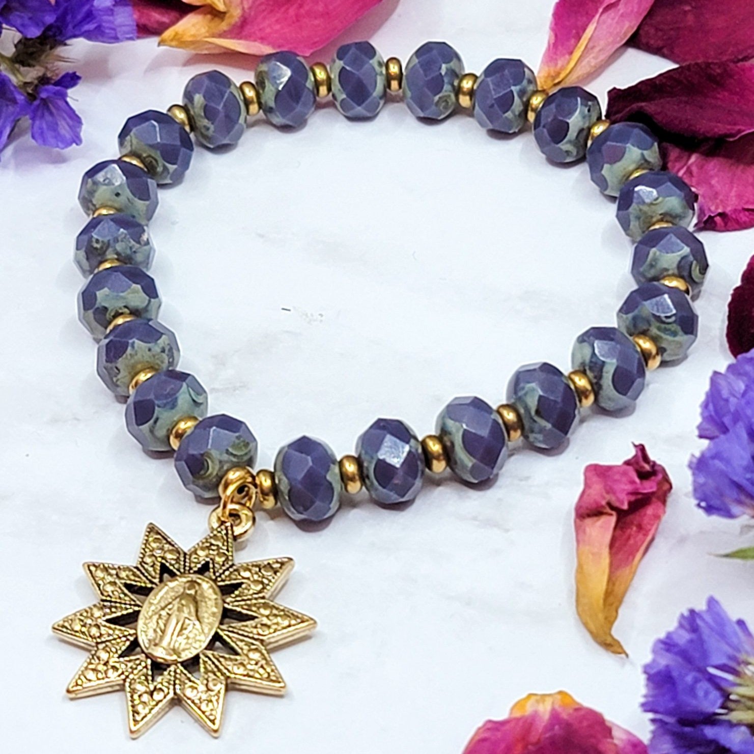 Purple Czech Beaded Bracelet with Gold Blessed Virgin Mary Metal - Nicki Lynn Jewelry