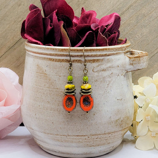 Nicki Lynn Jewelry Czech Glass Dangle Earrings-Orange,Yellow,Apple Green Nicki Lynn Jewelry CLEARANCE:N COLOR_Green COLOR_Orange COLOR_Yellow FLOORSET:2019 DEC MAT:Brass MAT:Czech Glass P:10-2020 PRICE_$10 - $25 SIZE_Small STYLE:Dangles STYLE:Rustic