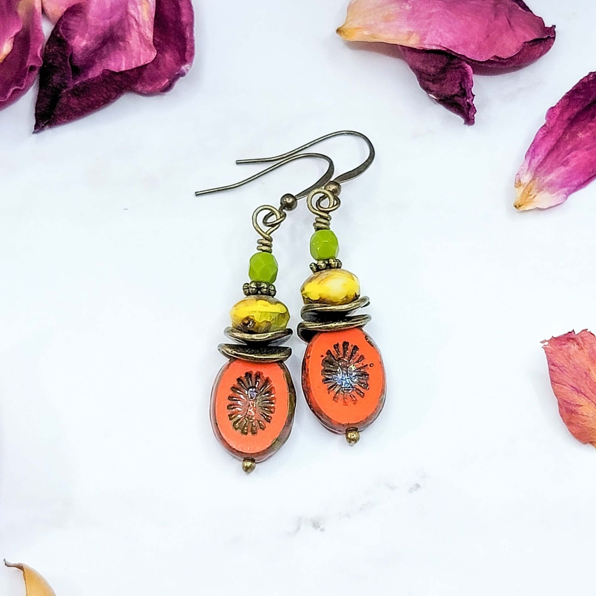 Nicki Lynn Jewelry Czech Glass Dangle Earrings-Orange,Yellow,Apple Green Nicki Lynn Jewelry CLEARANCE:N COLOR_Green COLOR_Orange COLOR_Yellow FLOORSET:2019 DEC MAT:Brass MAT:Czech Glass P:10-2020 PRICE_$10 - $25 SIZE_Small STYLE:Dangles STYLE:Rustic