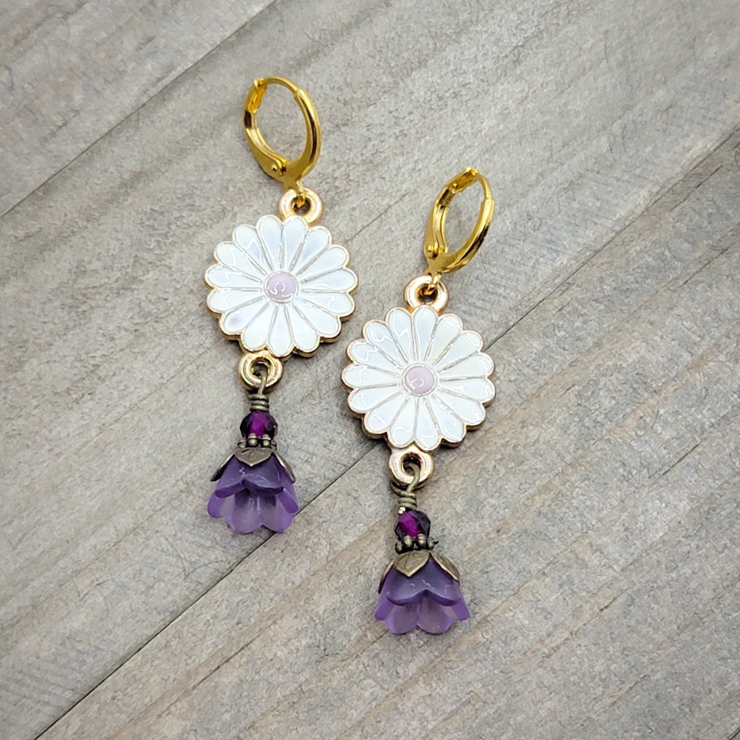 Enameled Daisy And Purple Flower Earrings - Nicki Lynn Jewelry