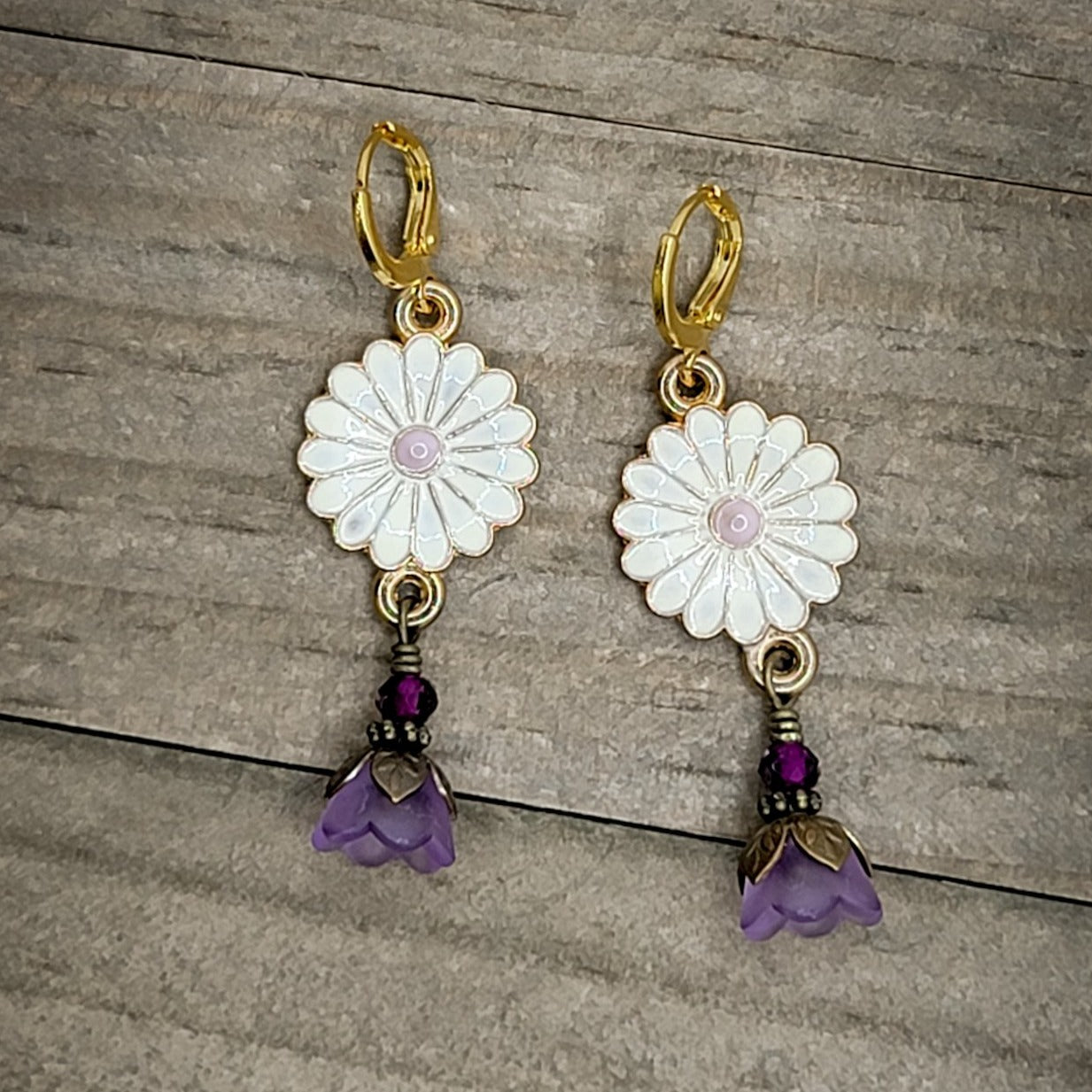 Enameled Daisy And Purple Flower Earrings - Nicki Lynn Jewelry