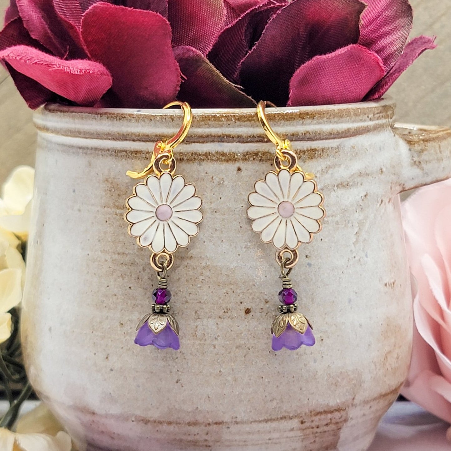 Enameled Daisy And Purple Flower Earrings - Nicki Lynn Jewelry