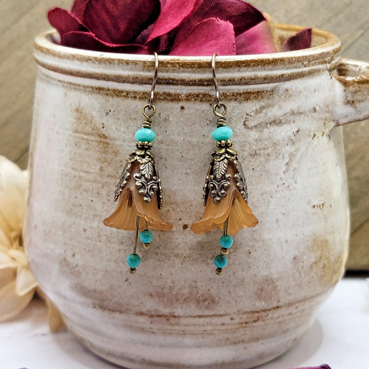 Vintage Style Lucite Flower Earrings-Brown and Turquoise - Nicki Lynn Jewelry