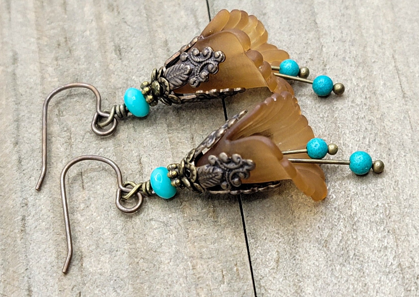 Vintage Style Lucite Flower Earrings-Brown and Turquoise - Nicki Lynn Jewelry