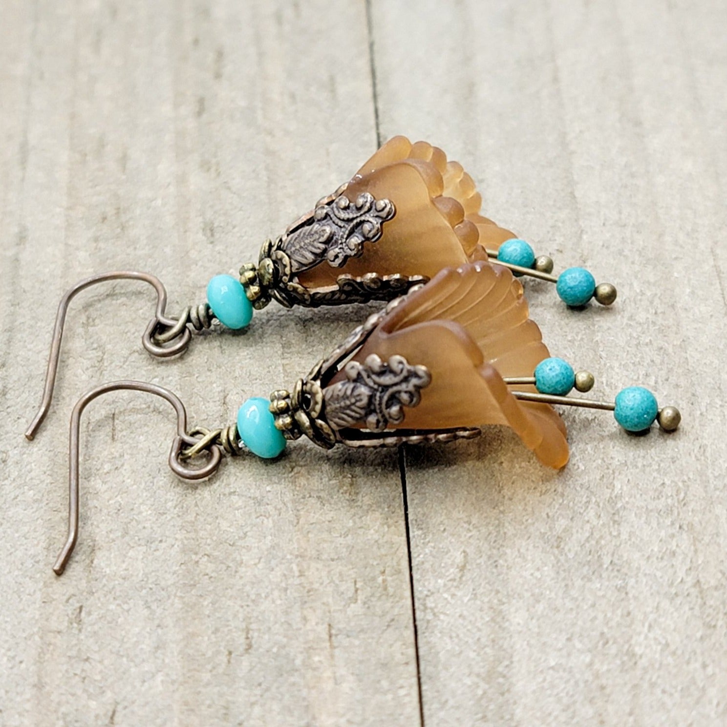 Vintage Style Lucite Flower Earrings-Brown and Turquoise - Nicki Lynn Jewelry