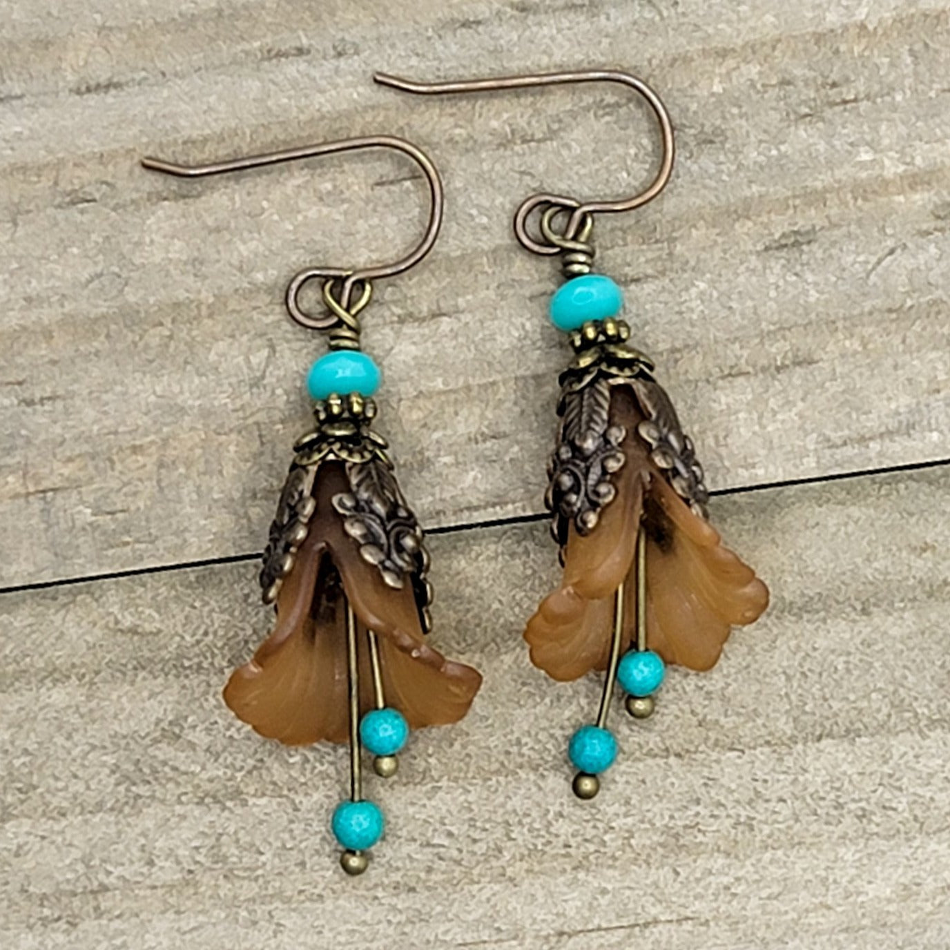 Vintage Style Lucite Flower Earrings-Brown and Turquoise - Nicki Lynn Jewelry