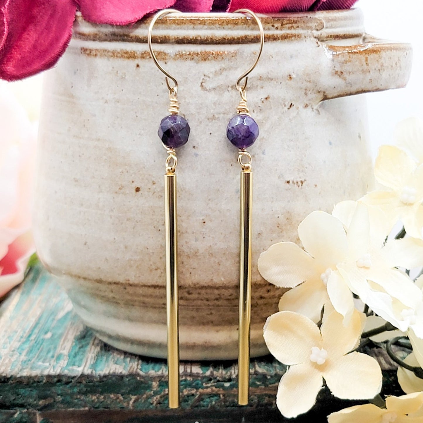 Brass Bar Earrings with Amethyst Stones - Nicki Lynn Jewelry