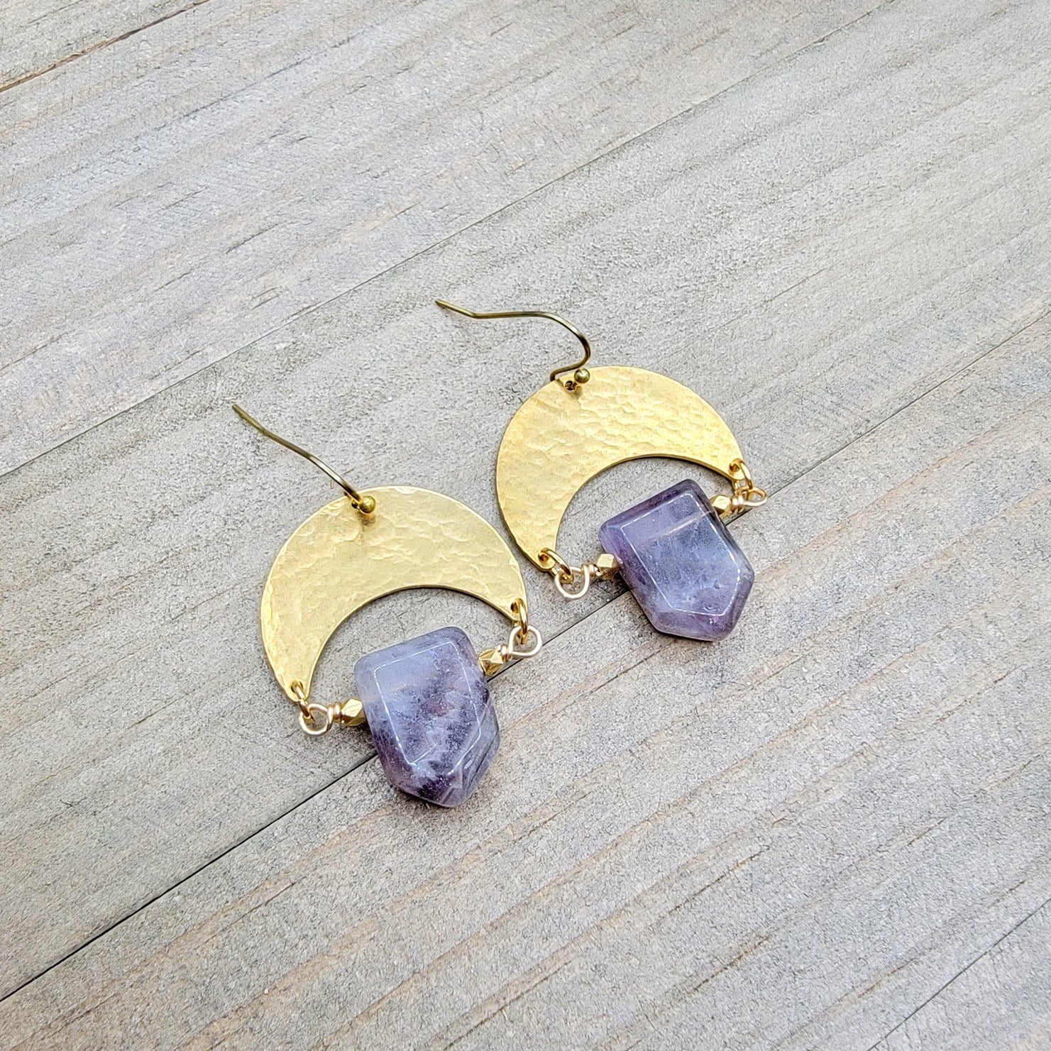 Hammered Brass Crescent Circle Earrings with Amethyst - Nicki Lynn Jewelry