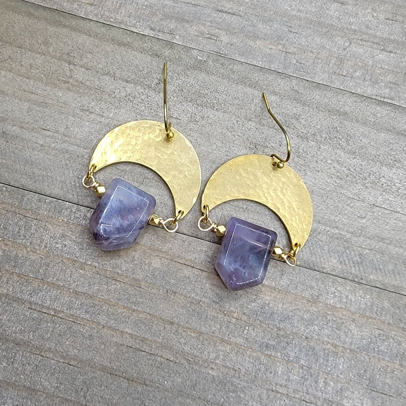 Hammered Brass Crescent Circle Earrings with Amethyst - Nicki Lynn Jewelry