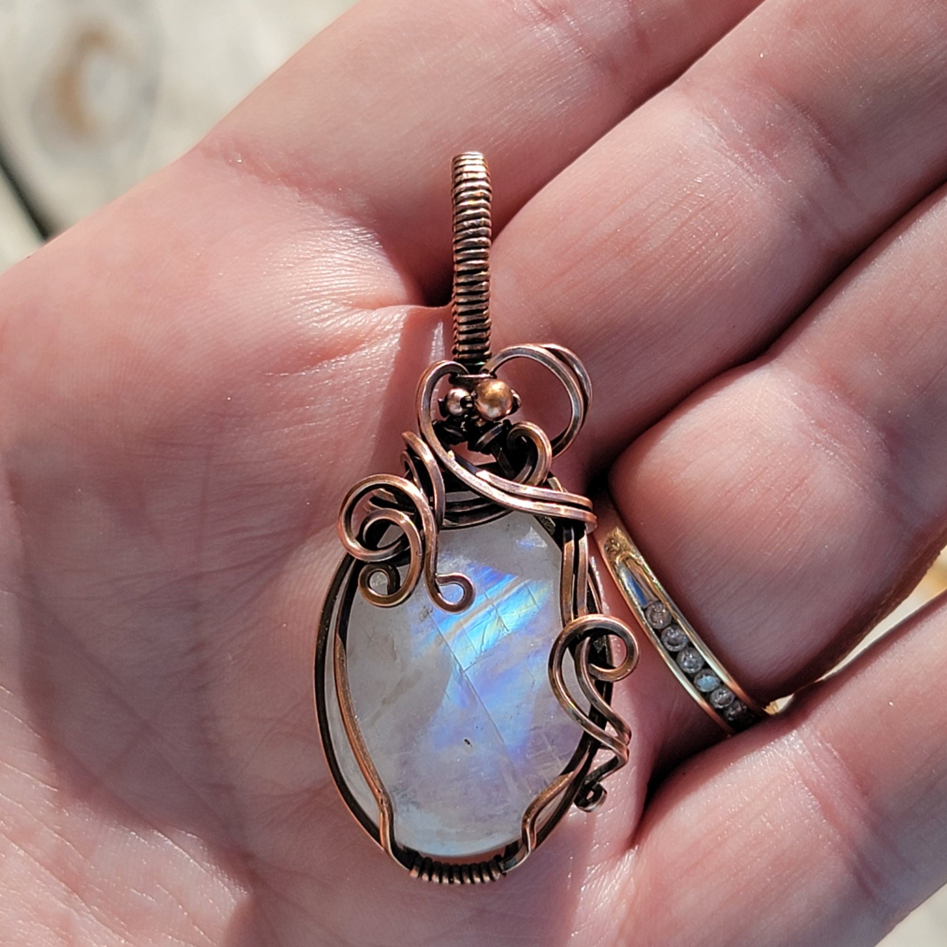 Copper Wire Wrapped Moonstone Pendant, Nicki Lynn Jewelry 