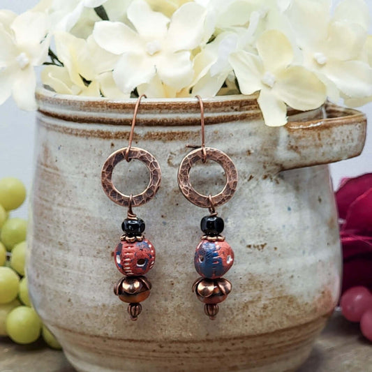 Hammered Copper, Clay and Czech Bead Earrings - Nicki Lynn Jewelry