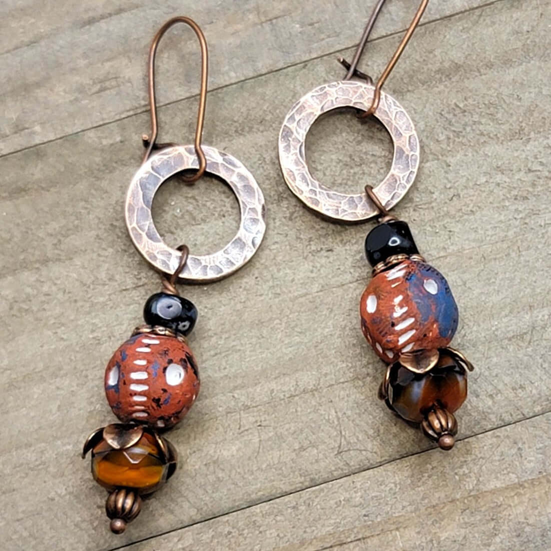 Hammered Copper, Clay and Czech Bead Earrings - Nicki Lynn Jewelry