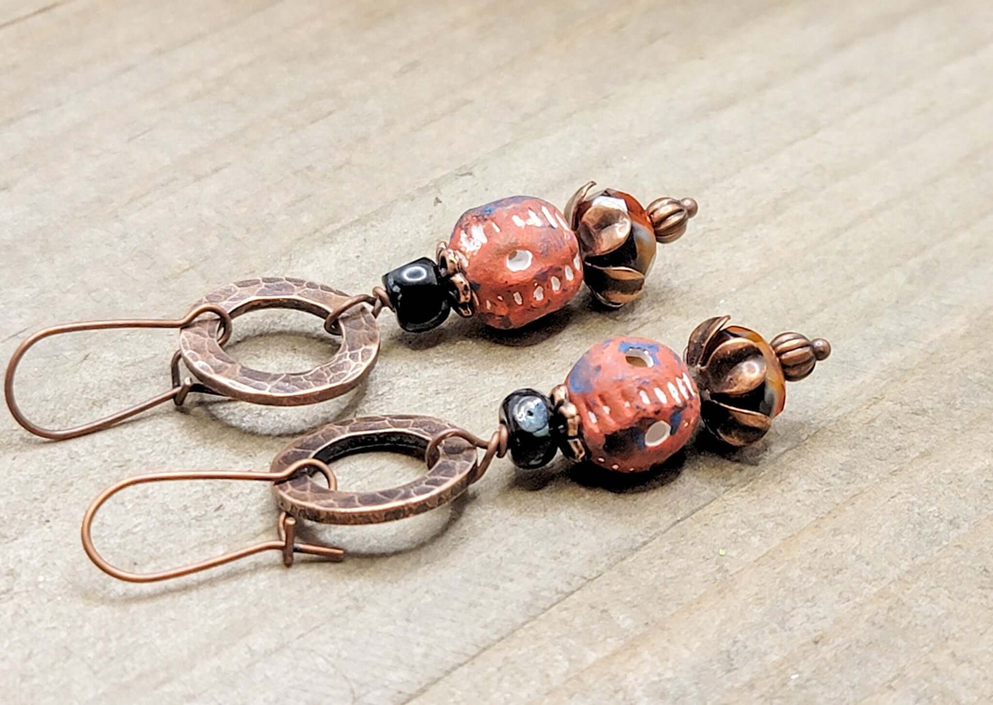 Hammered Copper, Clay and Czech Bead Earrings - Nicki Lynn Jewelry