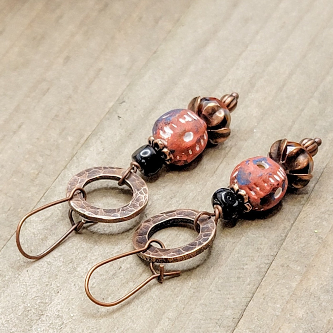 Hammered Copper, Clay and Czech Bead Earrings - Nicki Lynn Jewelry