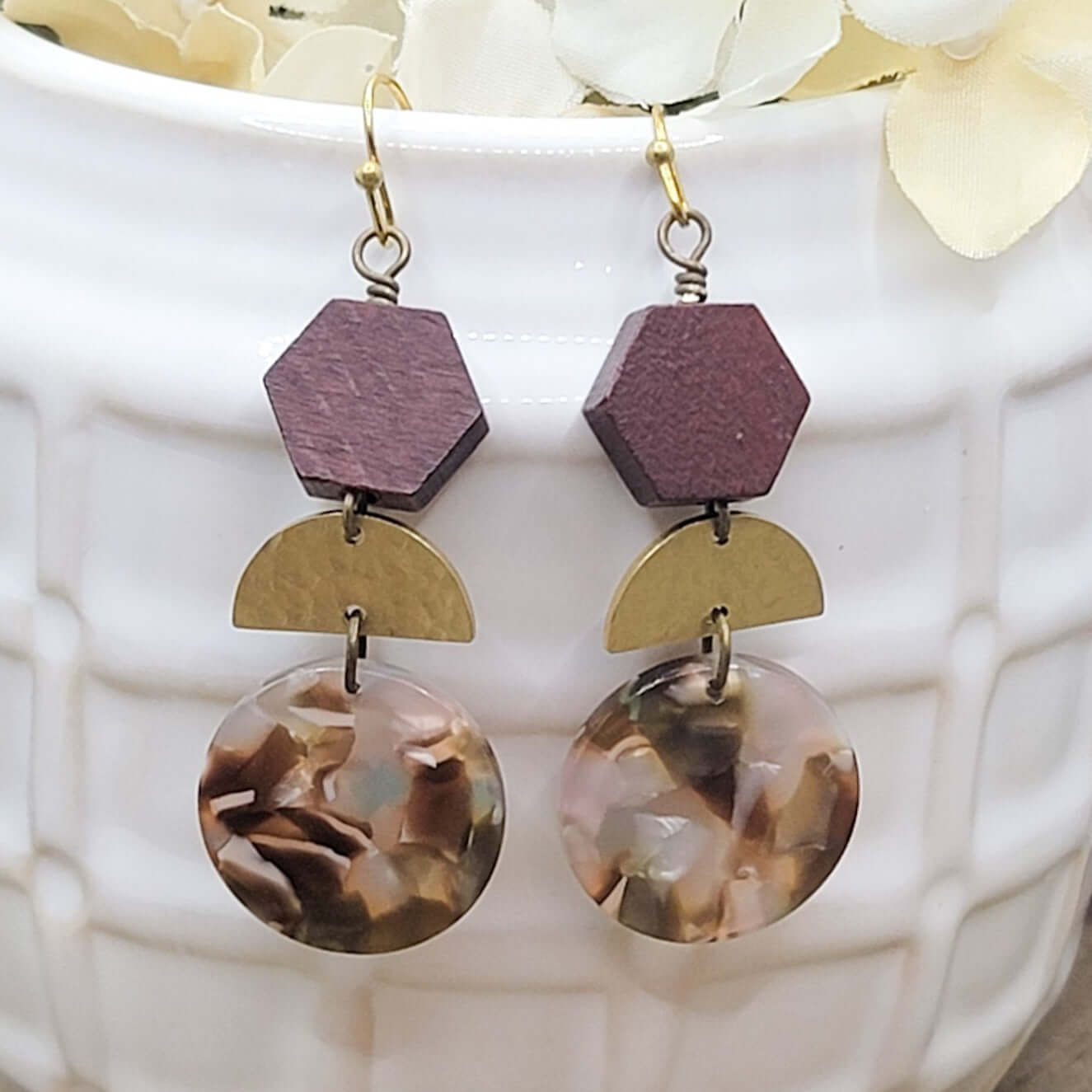 Wood, Brass and Acrylic Drop Earrings - Nicki Lynn Jewelry