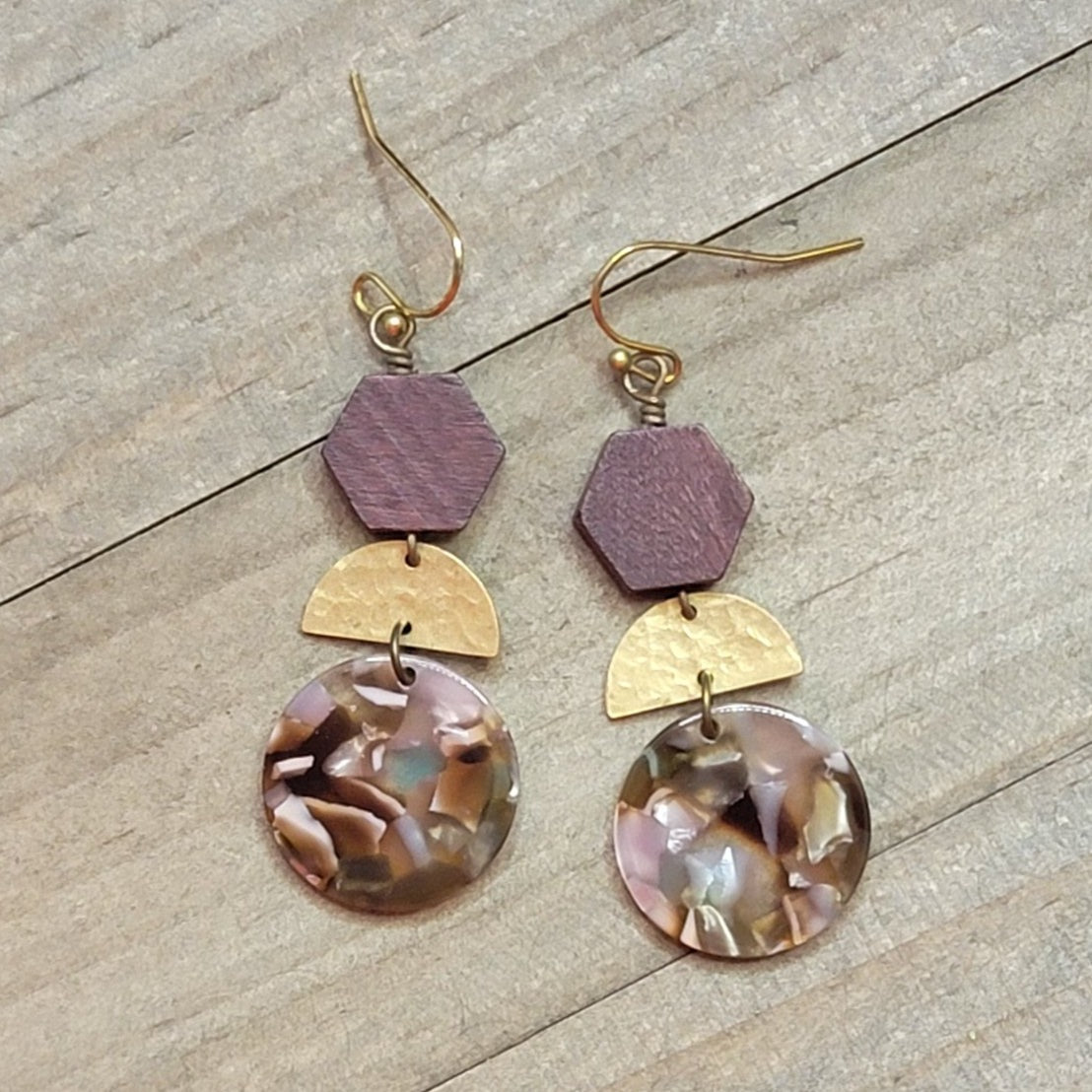 Wood, Brass and Acrylic Drop Earrings - Nicki Lynn Jewelry