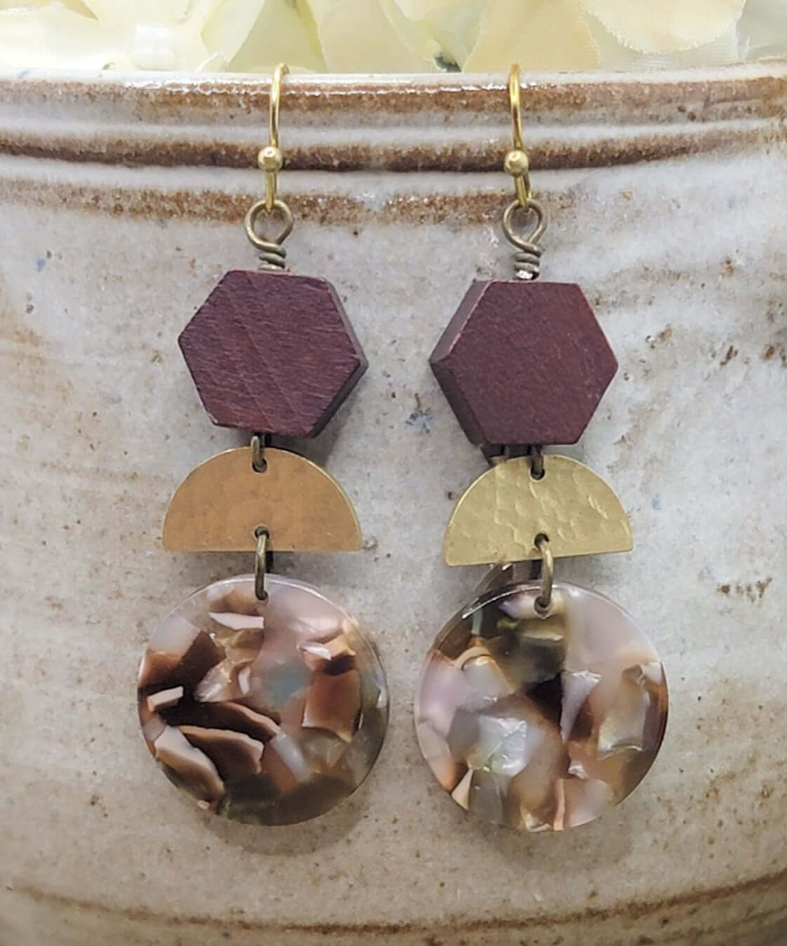 Wood, Brass and Acrylic Drop Earrings - Nicki Lynn Jewelry