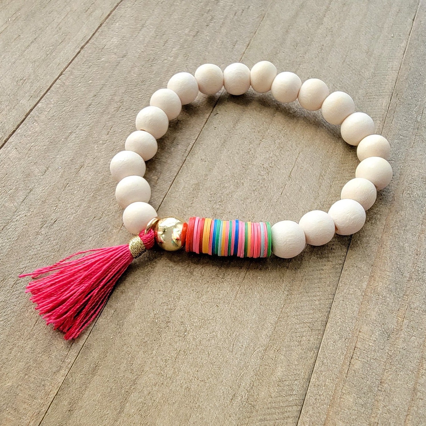 Colorful Boho African Vinyl and Wood, Charm, Tassel Bracelet - Nicki Lynn Jewelry