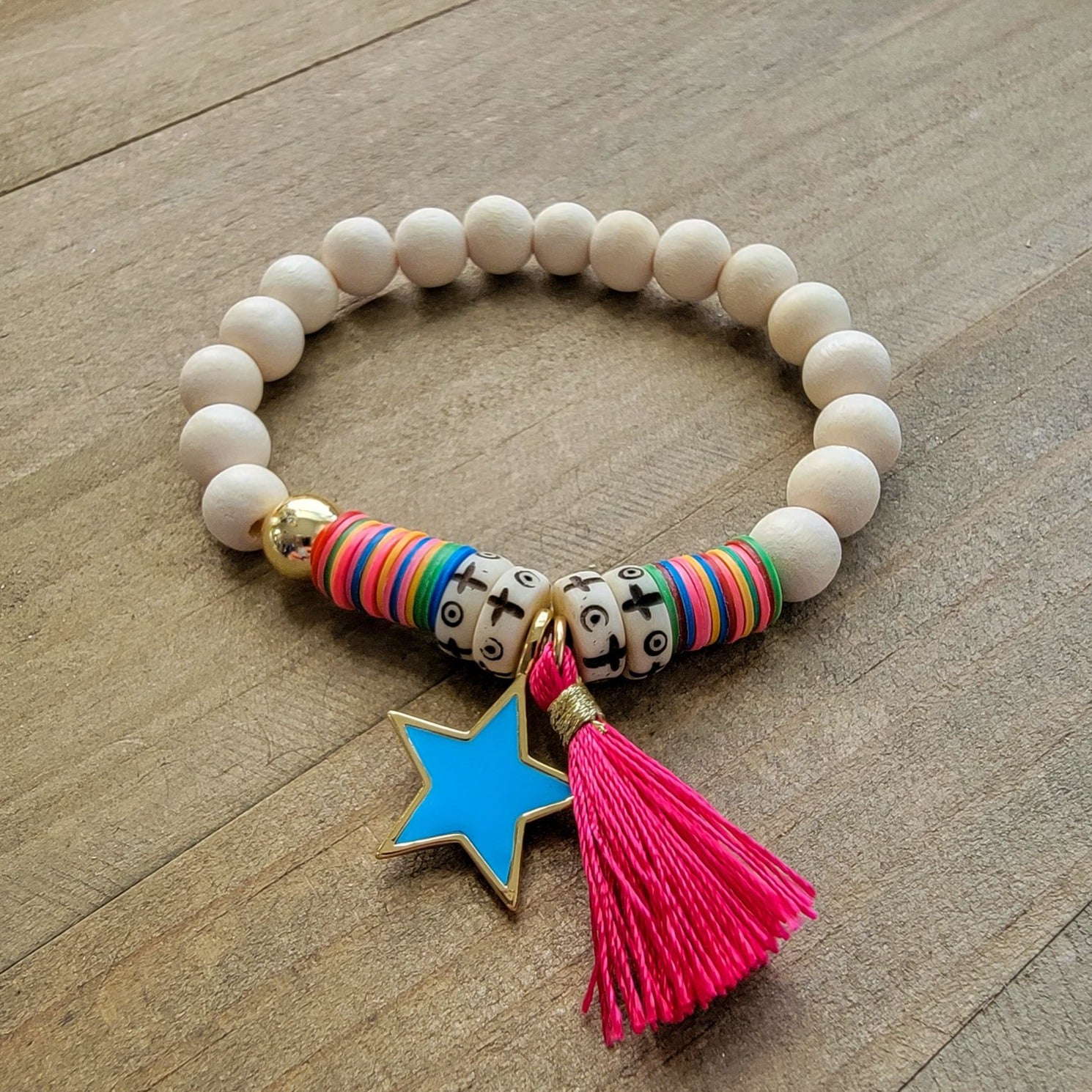 Colorful Boho African Vinyl and Wood, Charm, Tassel Bracelet - Nicki Lynn Jewelry