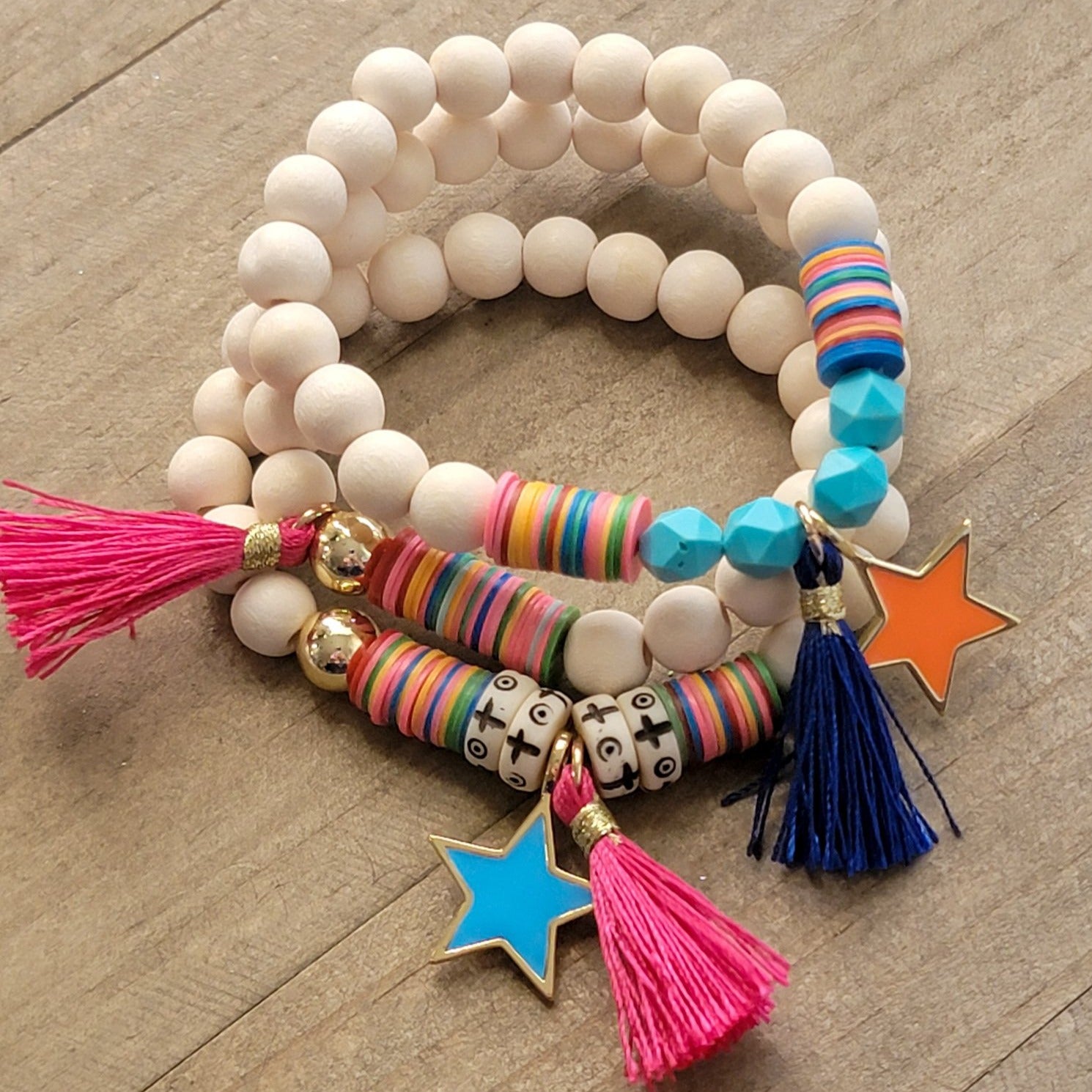 Colorful Boho African Vinyl and Wood, Charm, Tassel Bracelet - Nicki Lynn Jewelry