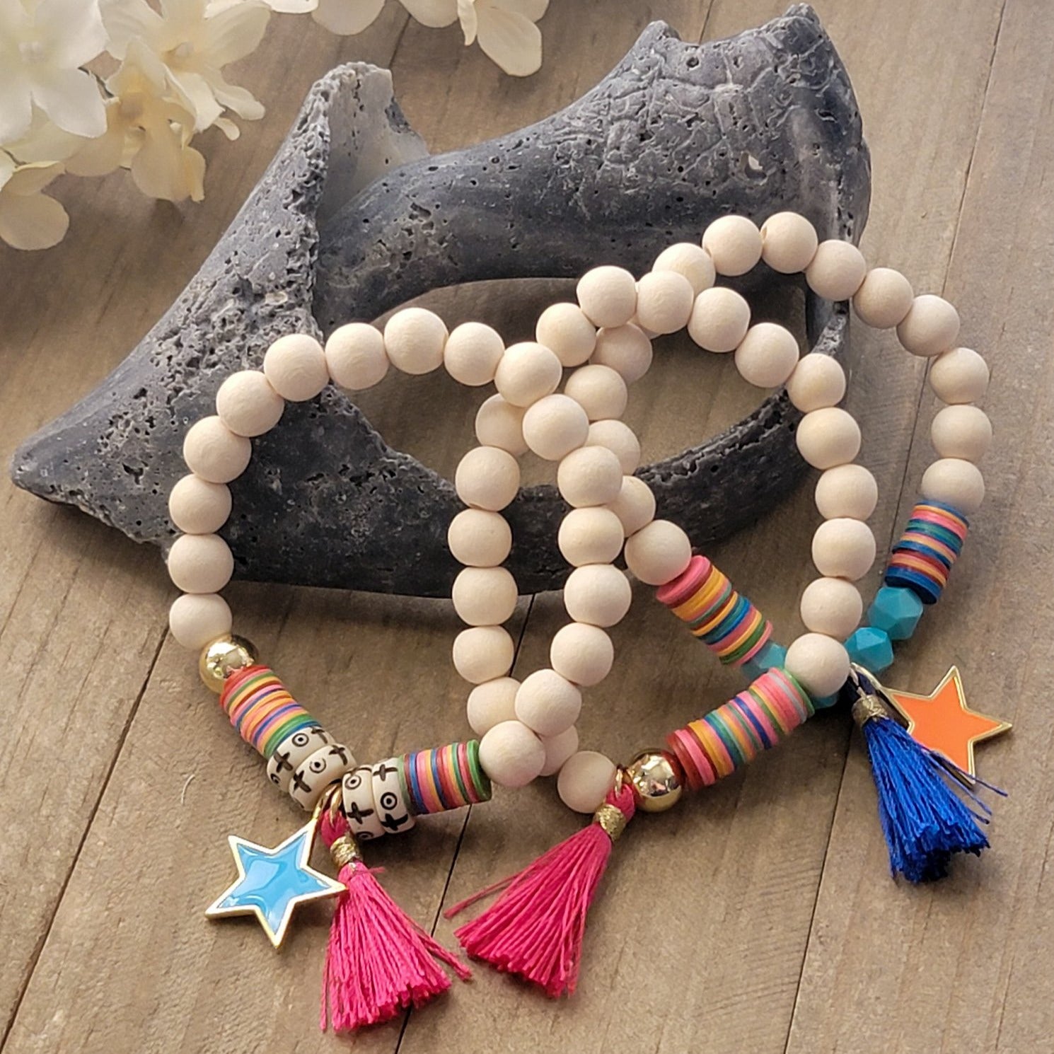 Colorful Boho African Vinyl and Wood, Charm, Tassel Bracelet - Nicki Lynn Jewelry