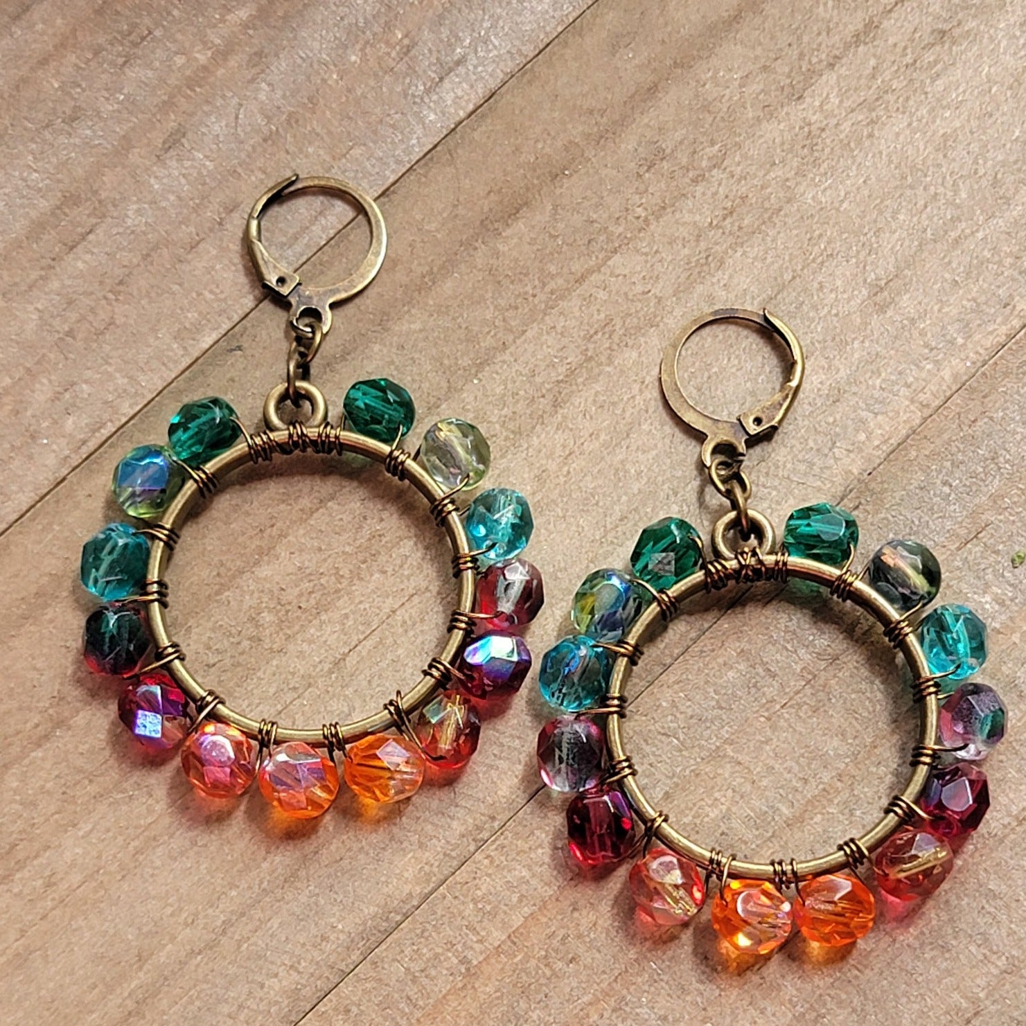 Bronze Hoop Earrings with Rainbow Czech Glass - Nicki Lynn Jewelry