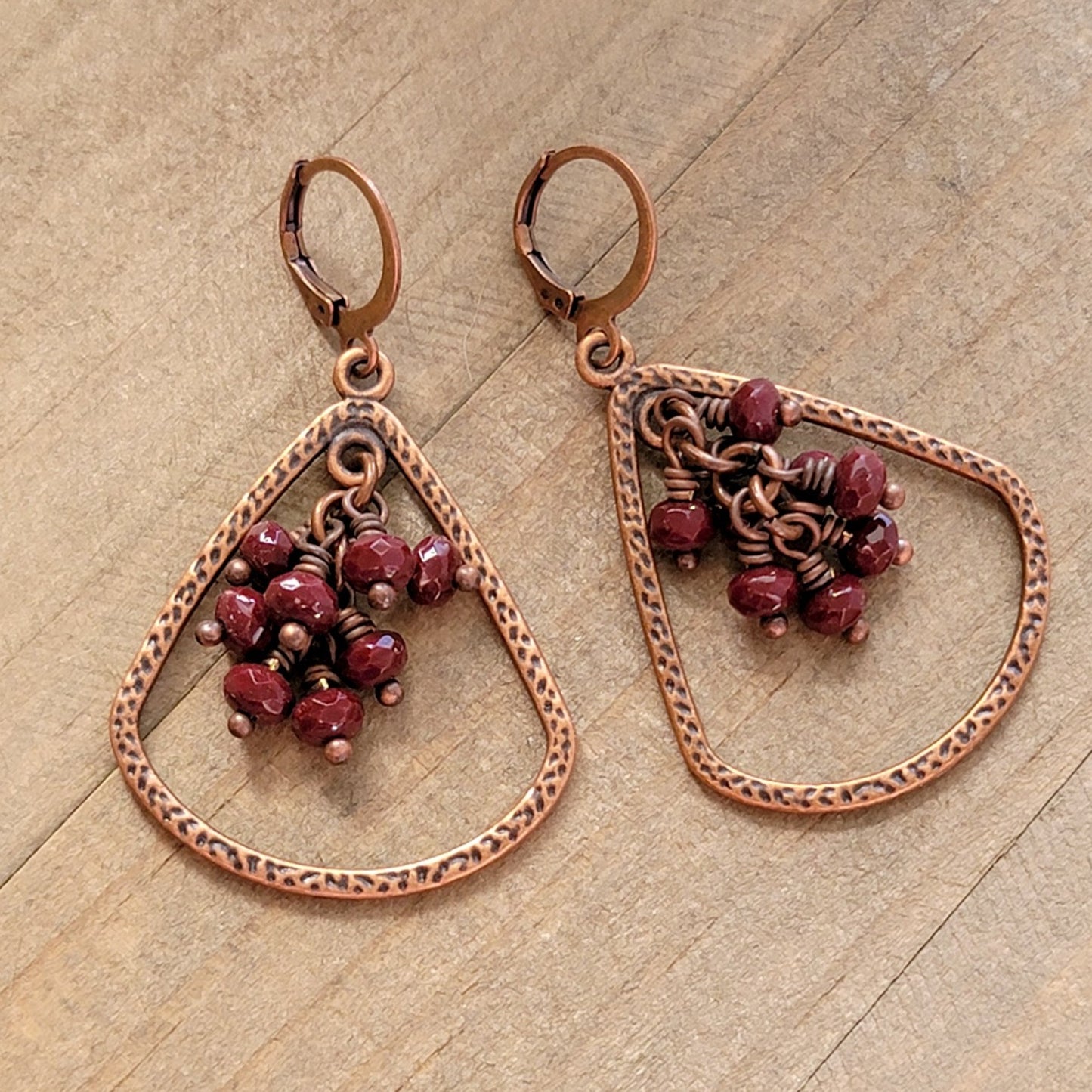 Teardrop Copper Dangle Earrings with Czech Glass Fringe - Nicki Lynn Jewelry