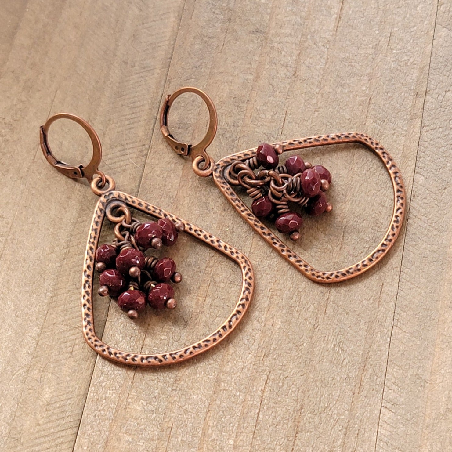 Teardrop Copper Dangle Earrings with Czech Glass Fringe - Nicki Lynn Jewelry