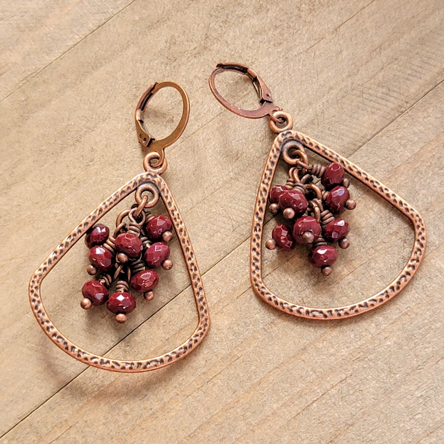 Teardrop Copper Dangle Earrings with Czech Glass Fringe - Nicki Lynn Jewelry