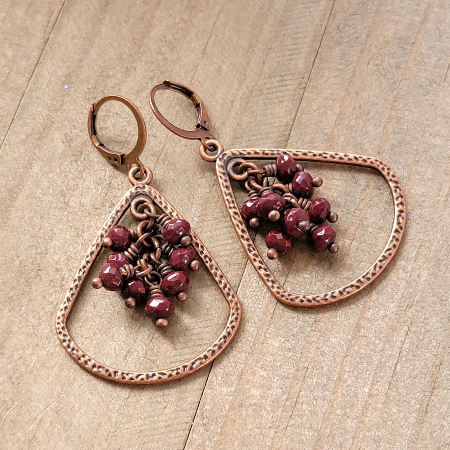 Teardrop Copper Dangle Earrings with Czech Glass Fringe - Nicki Lynn Jewelry
