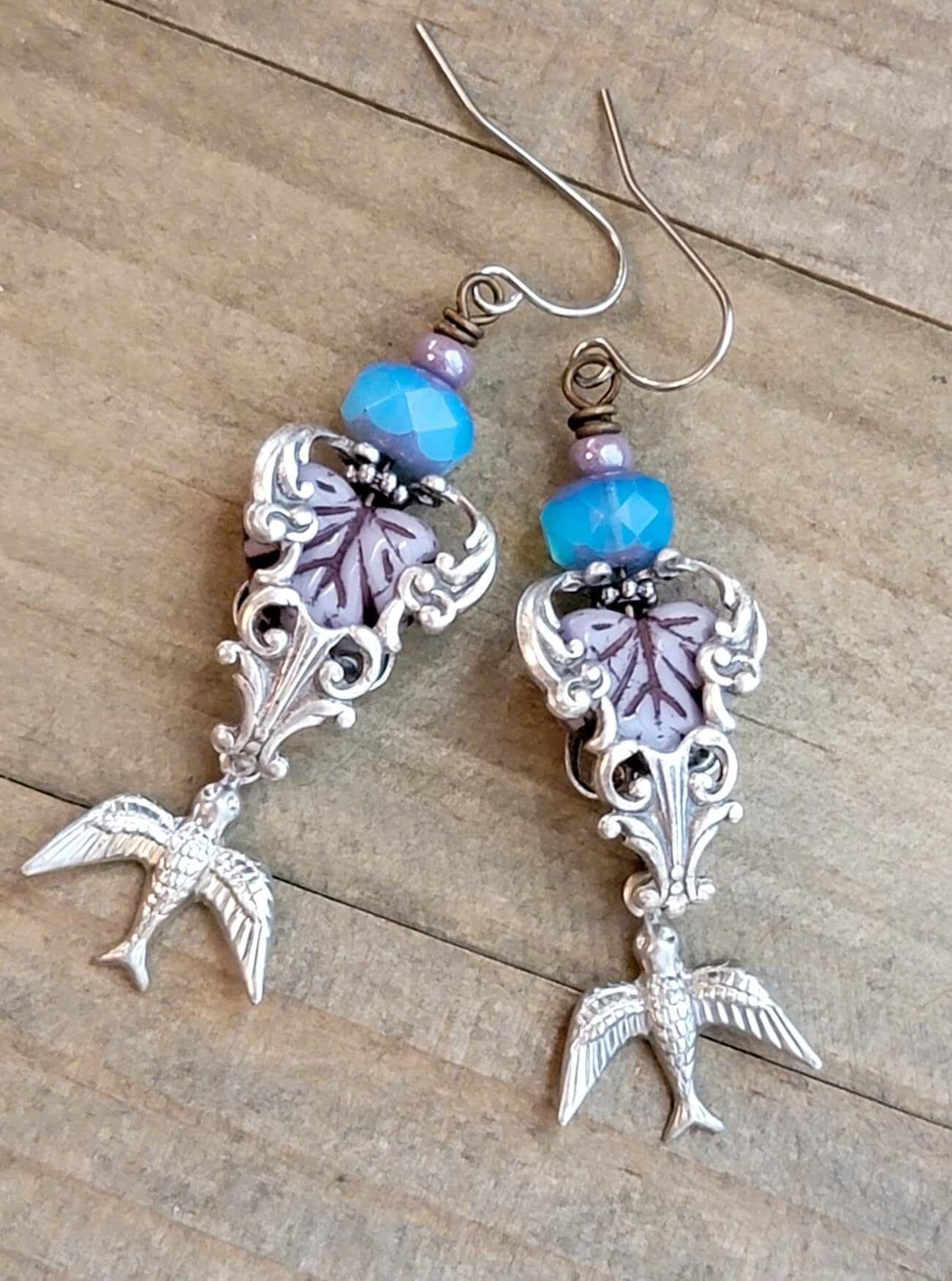 Bird and Leaf Vintage Style Silver Earrings - Nicki Lynn Jewelry