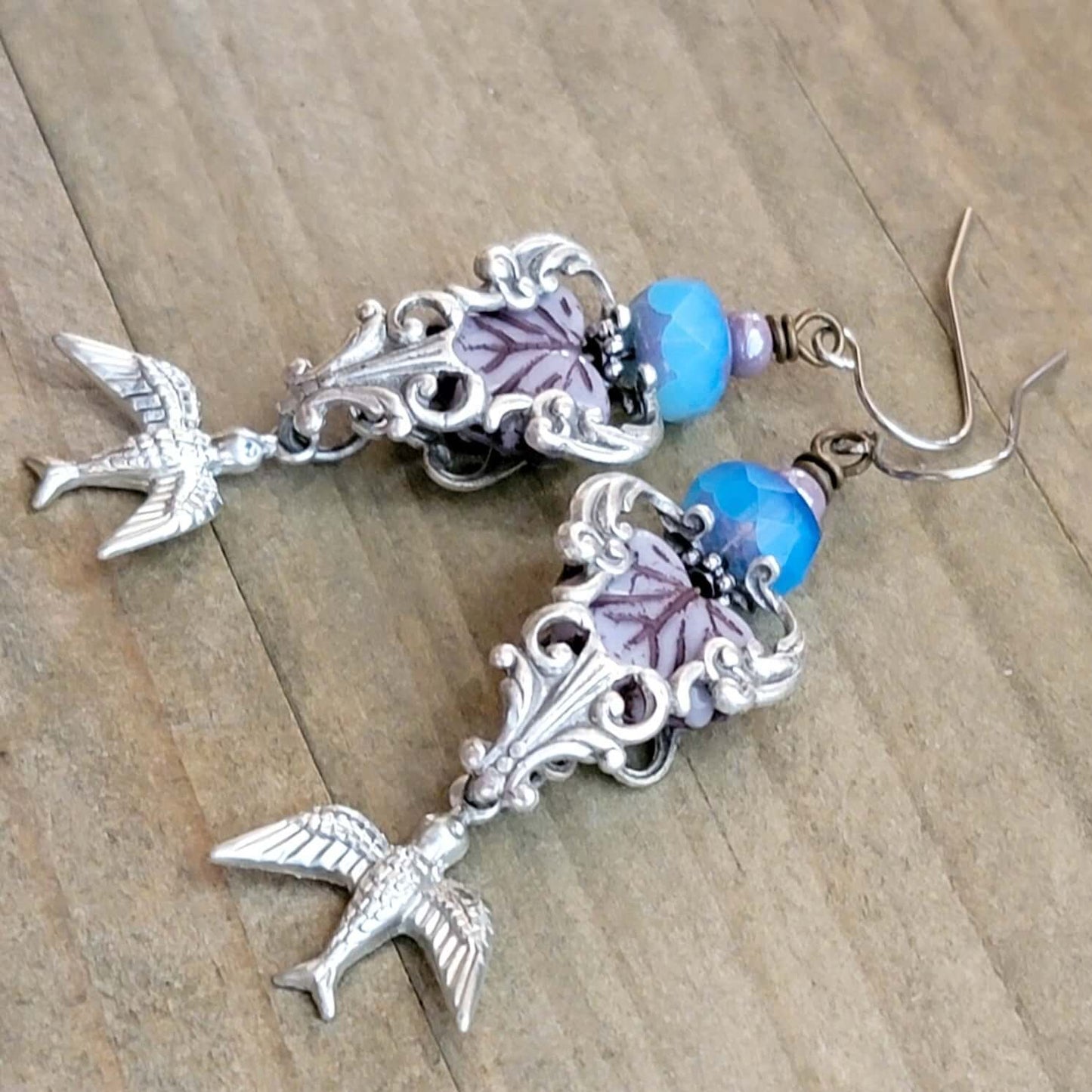 Bird and Leaf Vintage Style Silver Earrings - Nicki Lynn Jewelry