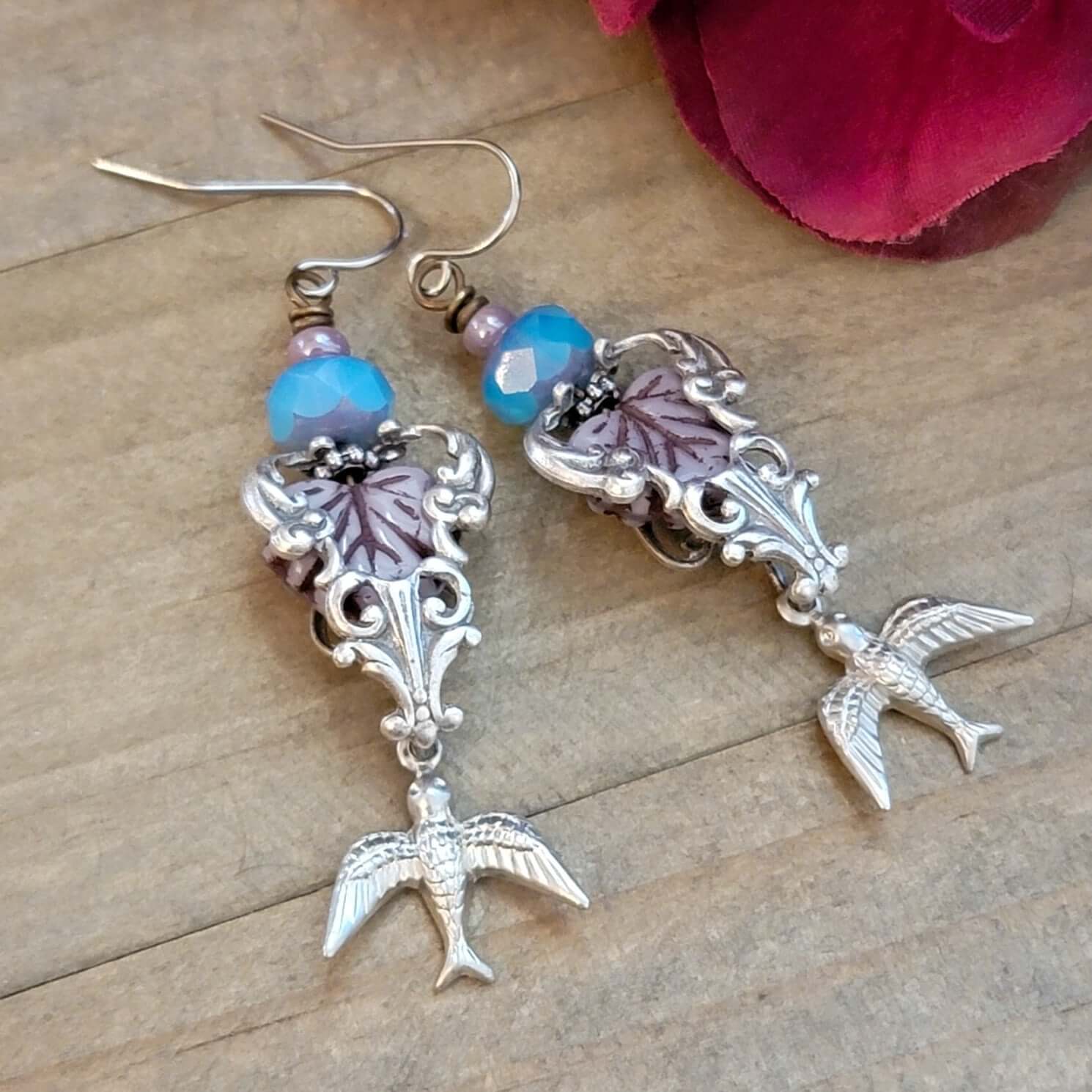 Bird and Leaf Vintage Style Silver Earrings - Nicki Lynn Jewelry