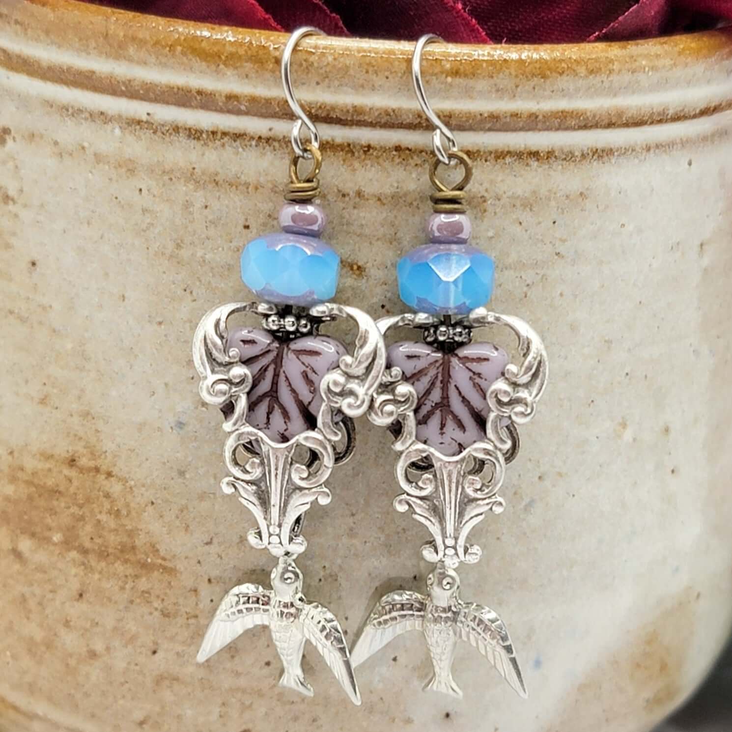 Bird and Leaf Vintage Style Silver Earrings - Nicki Lynn Jewelry