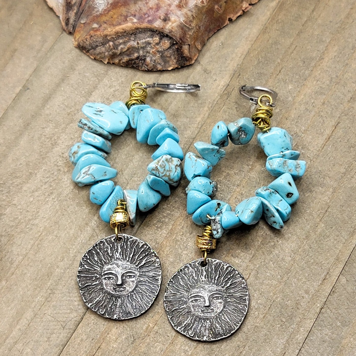 Turquoise Hoops- Artisan Sun Dangle Earrings - Nicki Lynn Jewelry