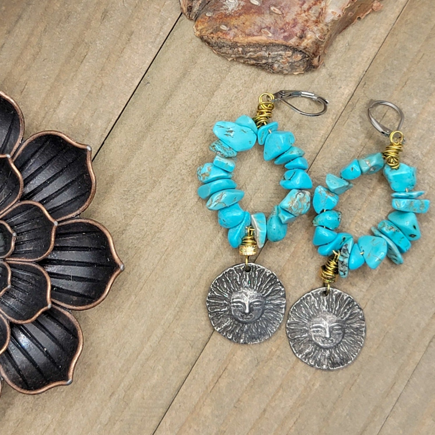 Turquoise Hoops- Artisan Sun Dangle Earrings - Nicki Lynn Jewelry