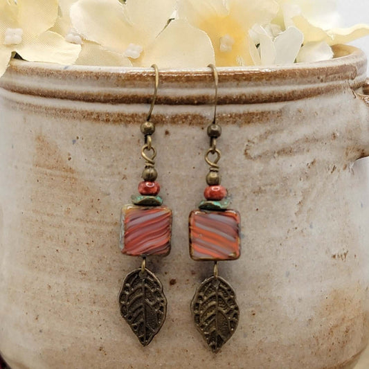 Striped Czech Glass and Leaf Earrings - Nicki Lynn Jewelry