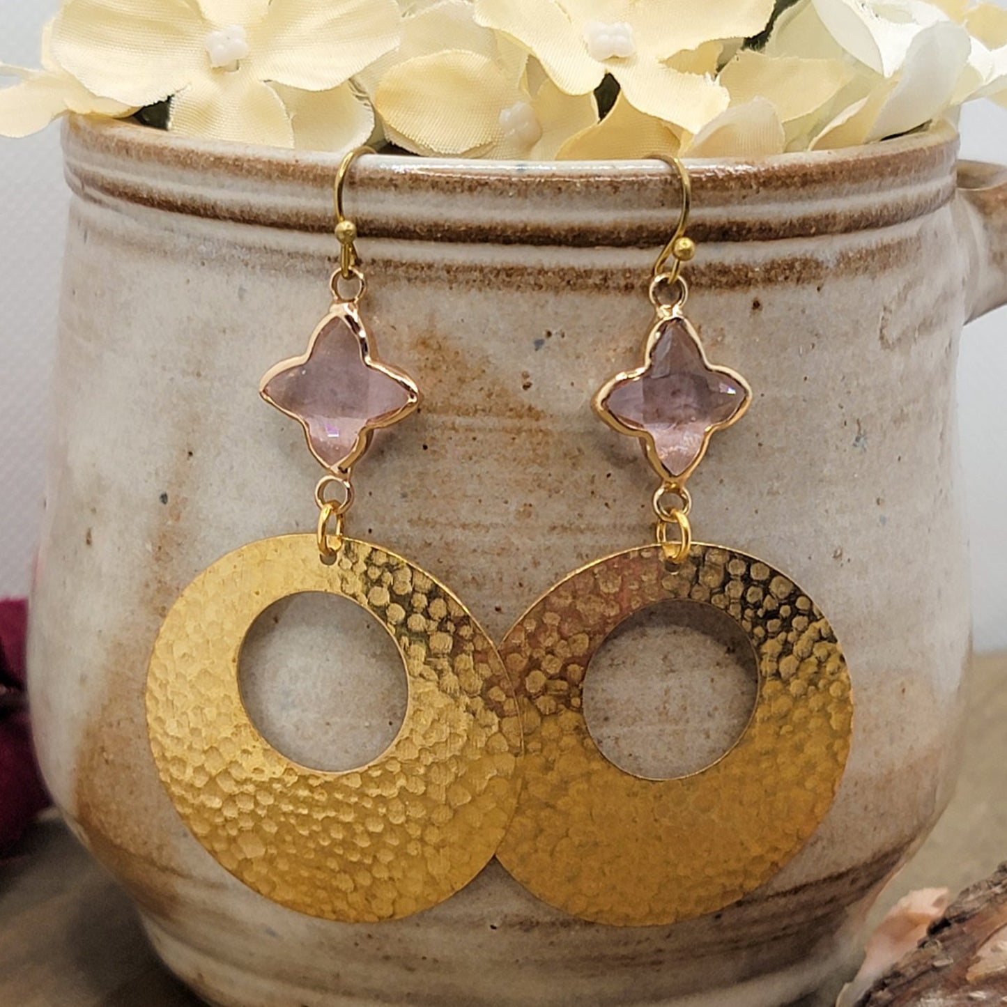 Large Textured Brass Hoop Earrings-Lavender Clover - Nicki Lynn Jewelry