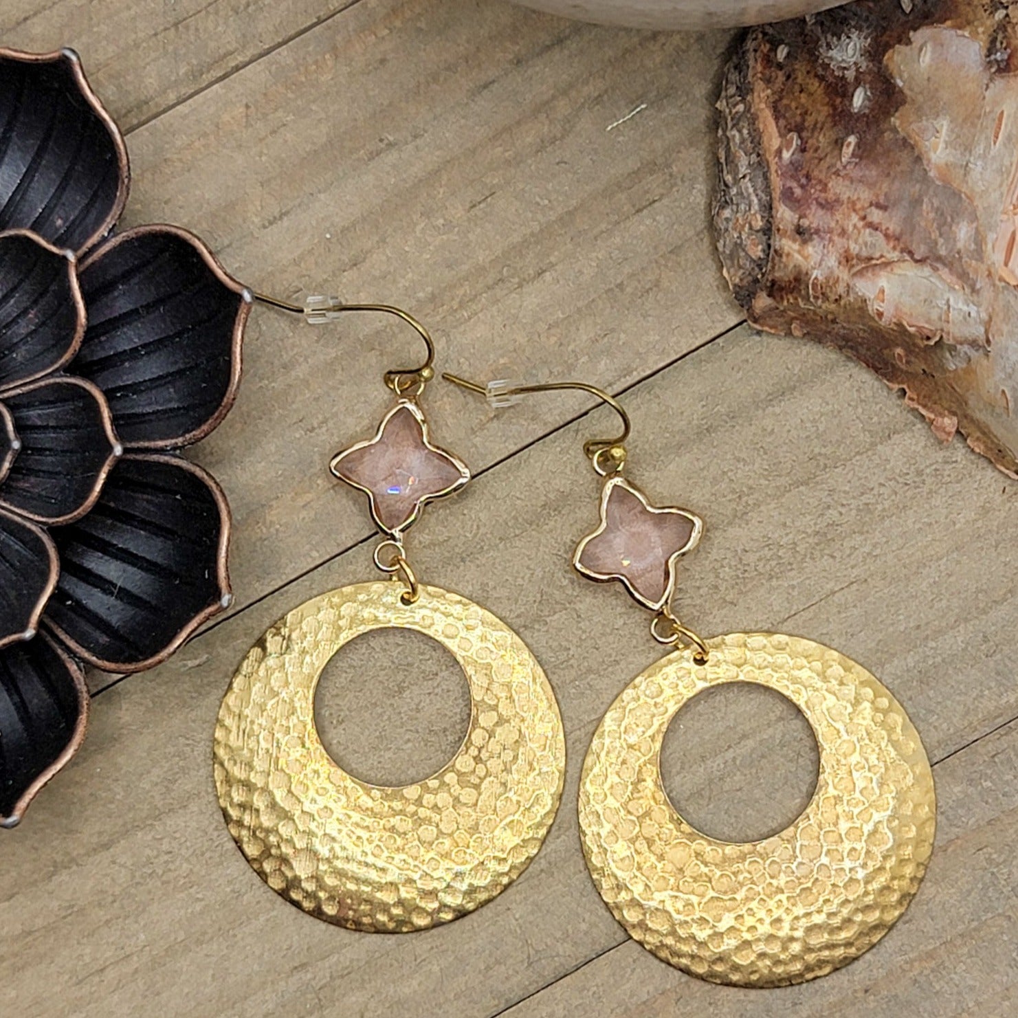 Large Textured Brass Hoop Earrings-Lavender Clover - Nicki Lynn Jewelry