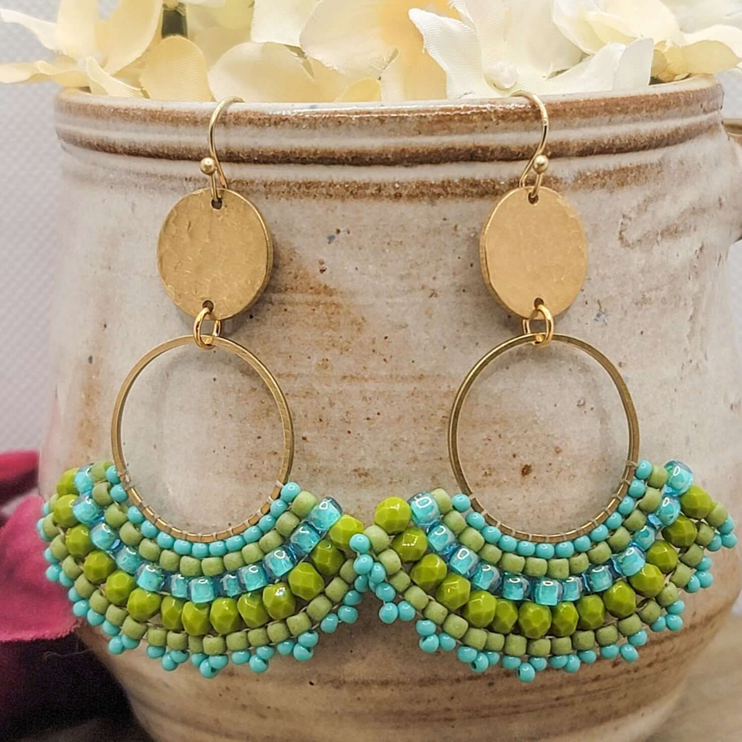 Turquoise and Green Beaded Fan Earrings - Nicki Lynn Jewelry