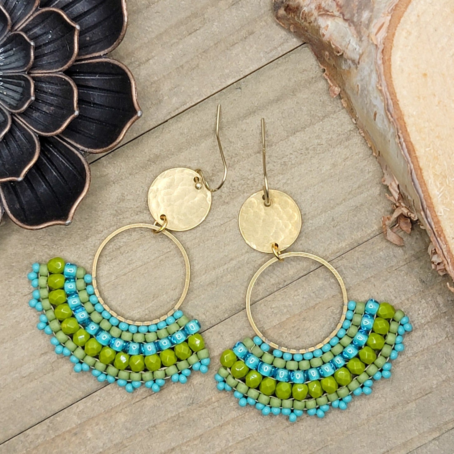Turquoise and Green Beaded Fan Earrings - Nicki Lynn Jewelry