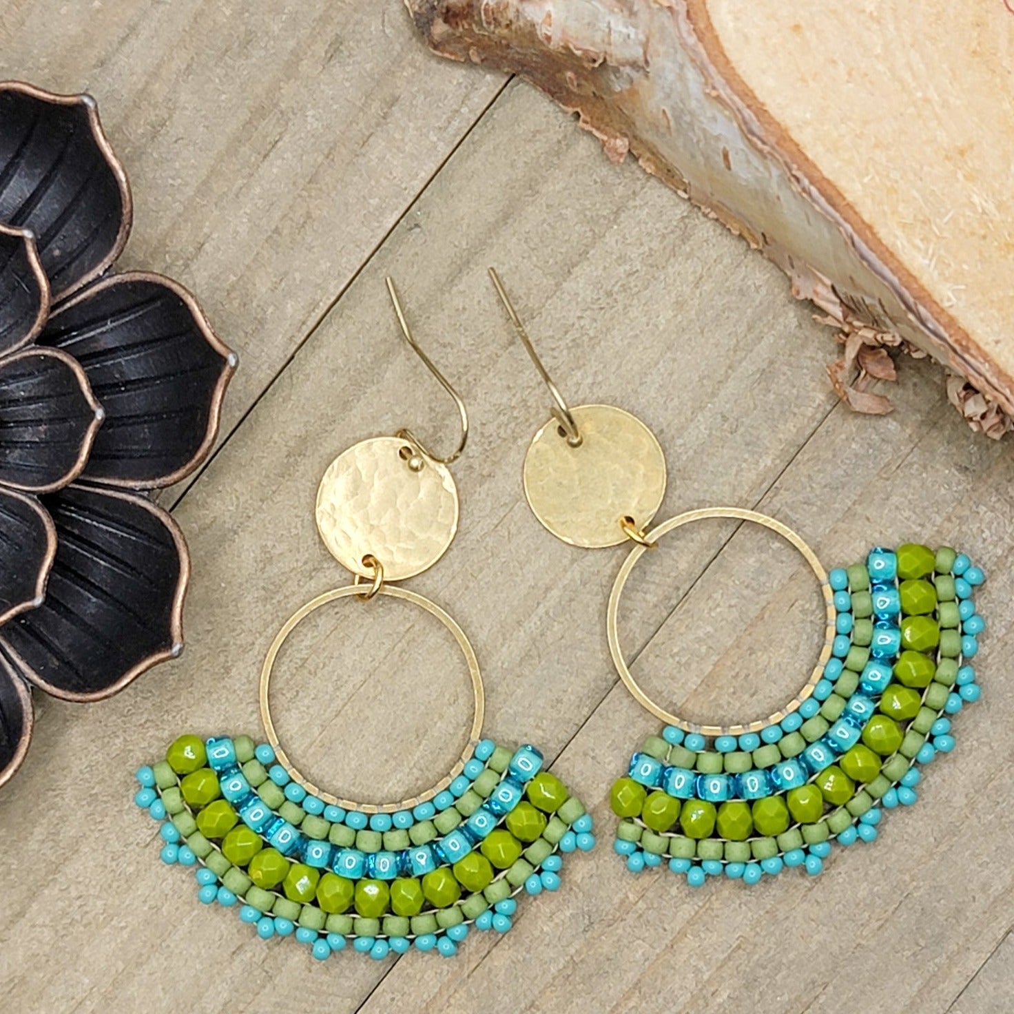 Turquoise and Green Beaded Fan Earrings - Nicki Lynn Jewelry