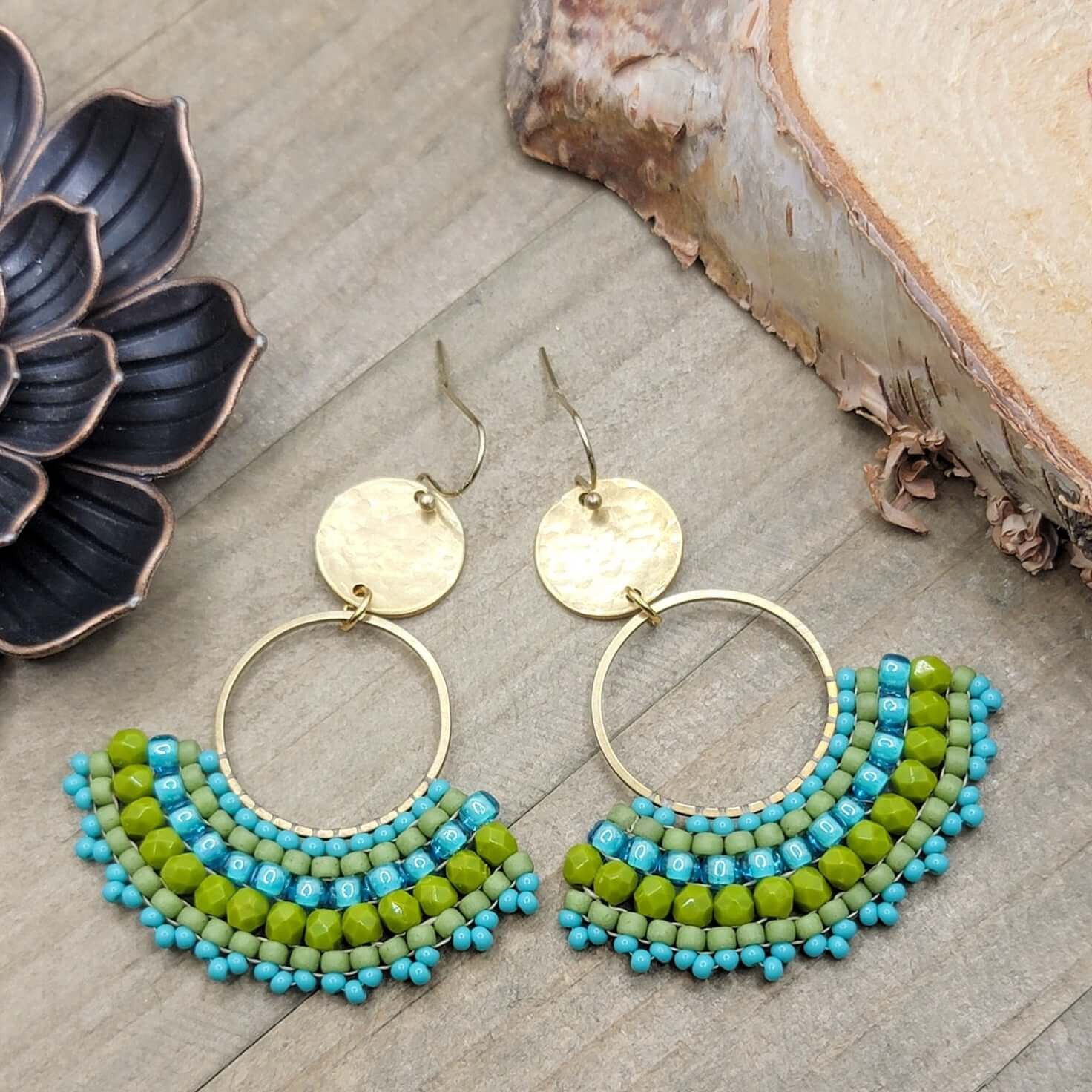 Turquoise and Green Beaded Fan Earrings - Nicki Lynn Jewelry