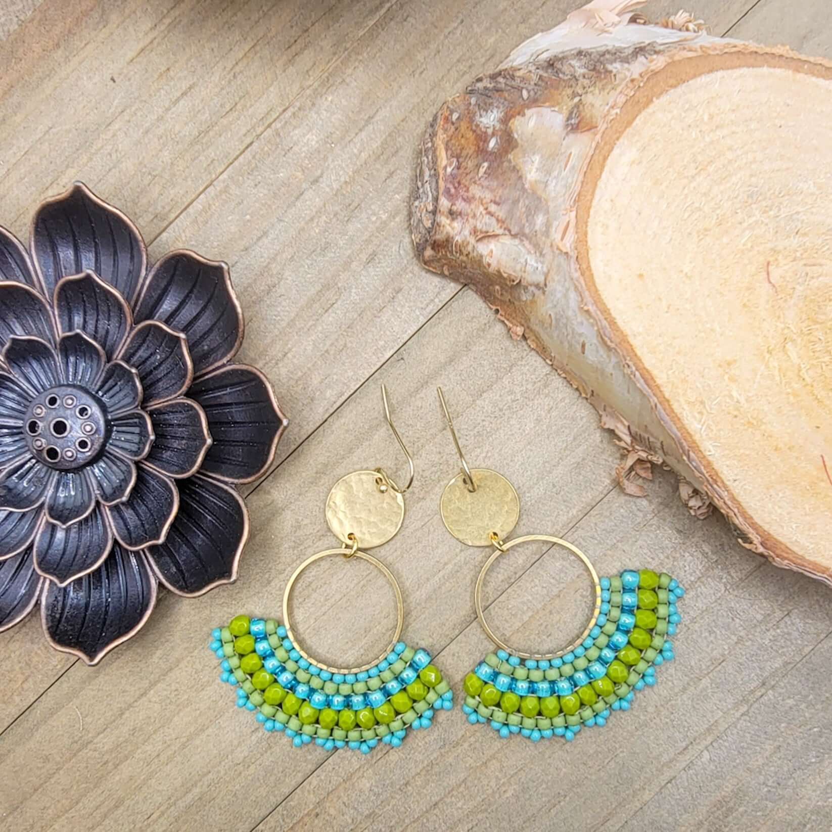 Turquoise and Green Beaded Fan Earrings - Nicki Lynn Jewelry