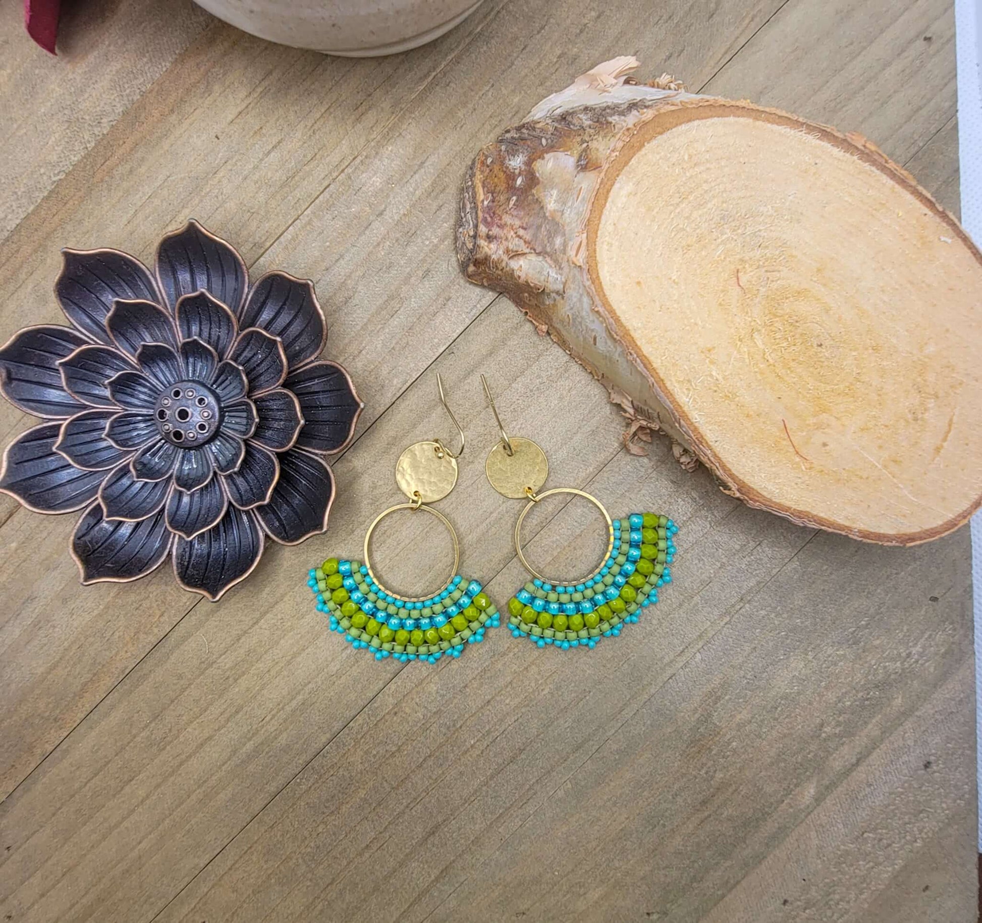 Turquoise and Green Beaded Fan Earrings - Nicki Lynn Jewelry