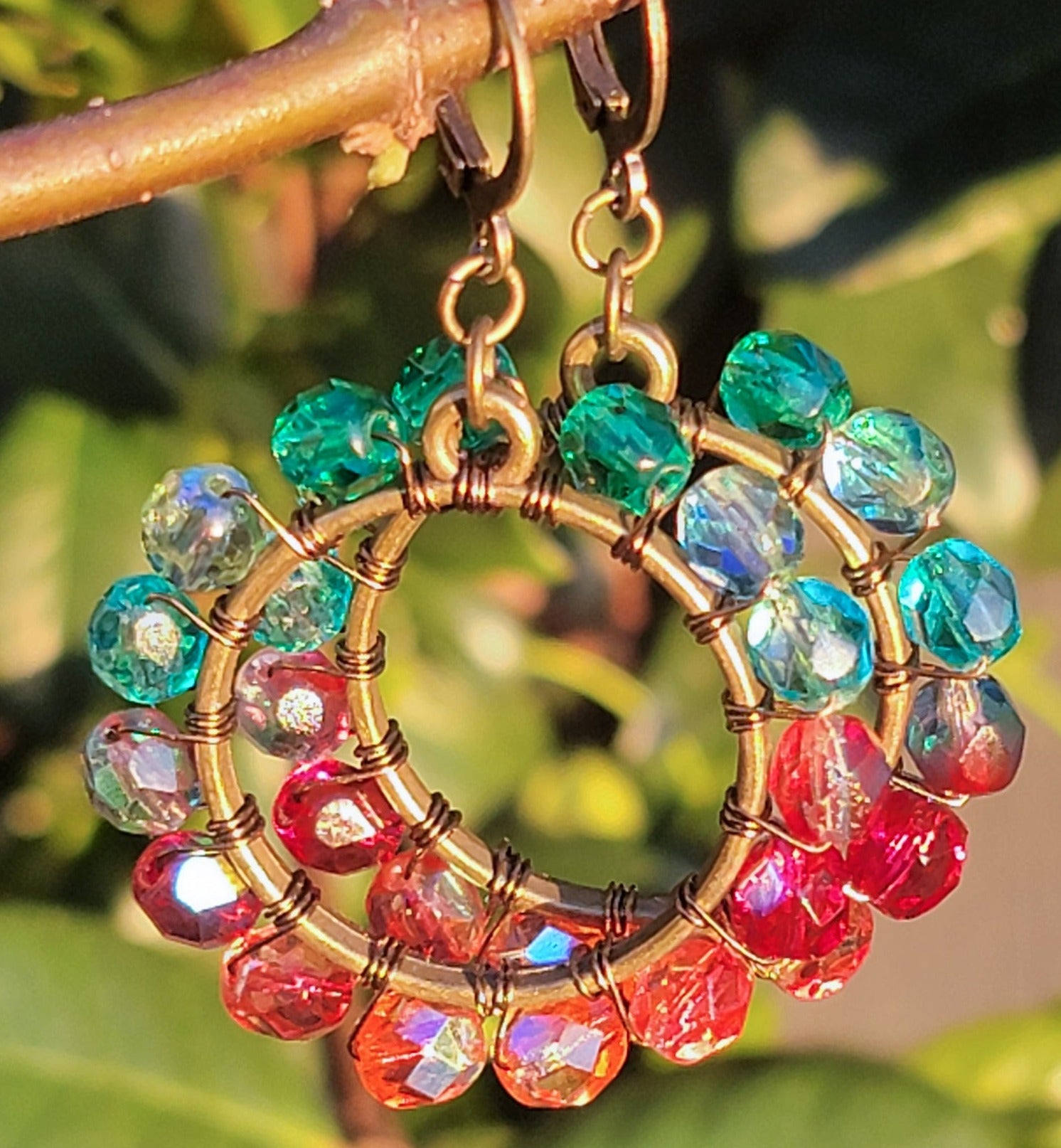 Bronze Hoop Earrings with Rainbow Czech Glass - Nicki Lynn Jewelry