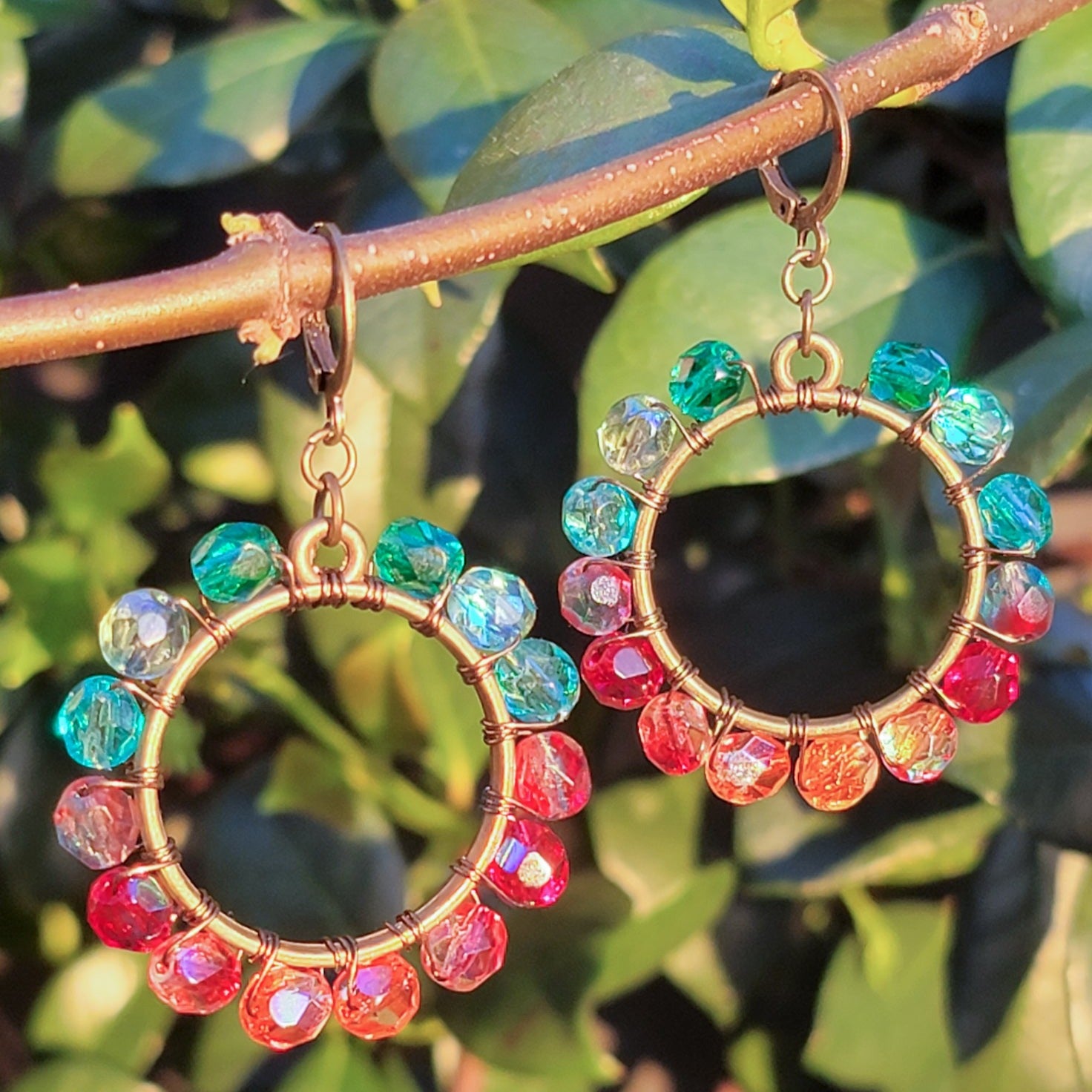 Bronze Hoop Earrings with Rainbow Czech Glass - Nicki Lynn Jewelry