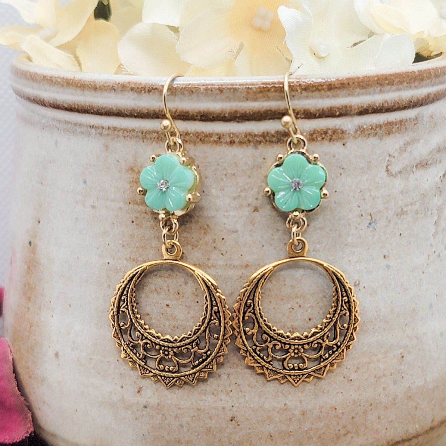 Mint Green And Gold Round Filigree Dangle Earrings - Nicki Lynn Jewelry