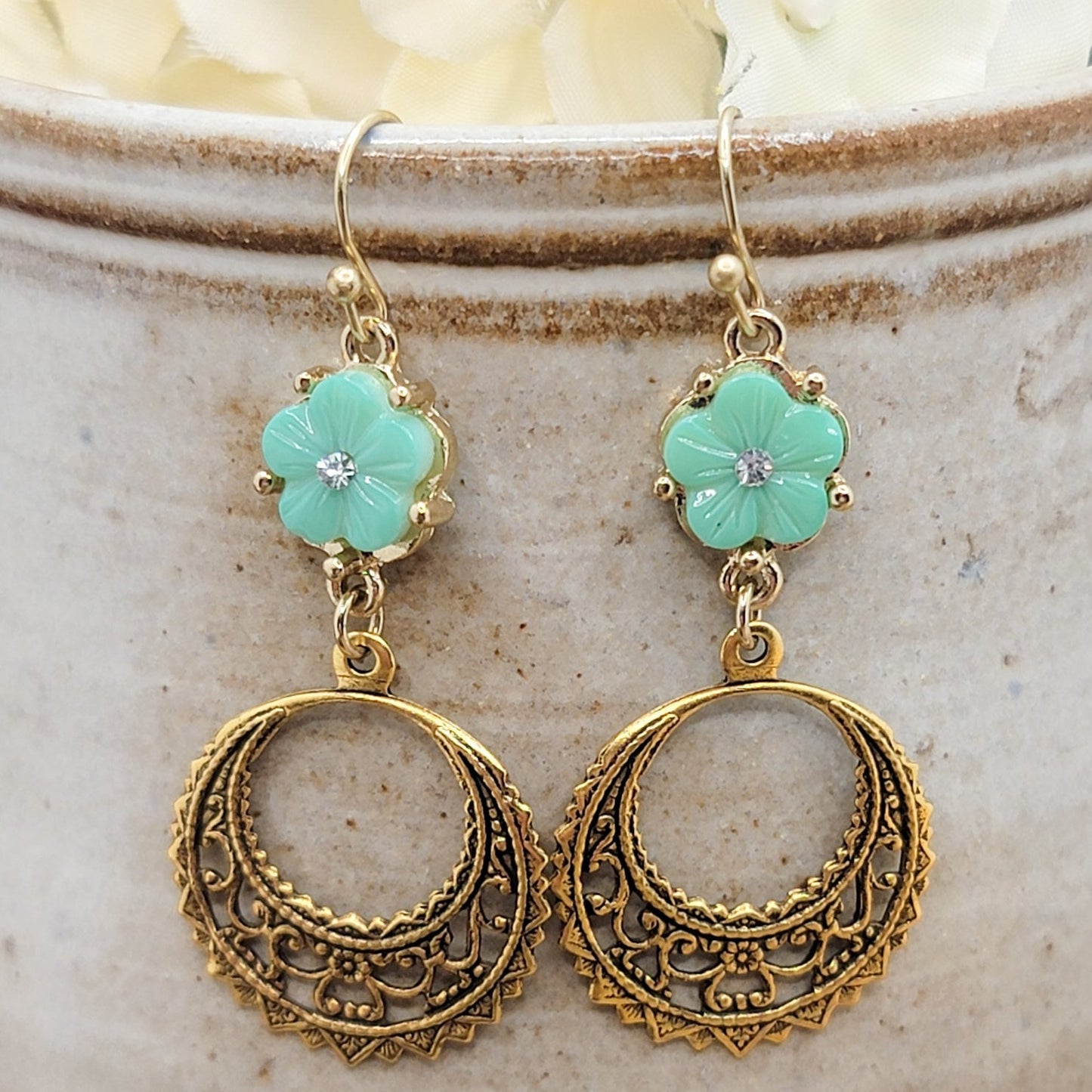 Mint Green And Gold Round Filigree Dangle Earrings - Nicki Lynn Jewelry