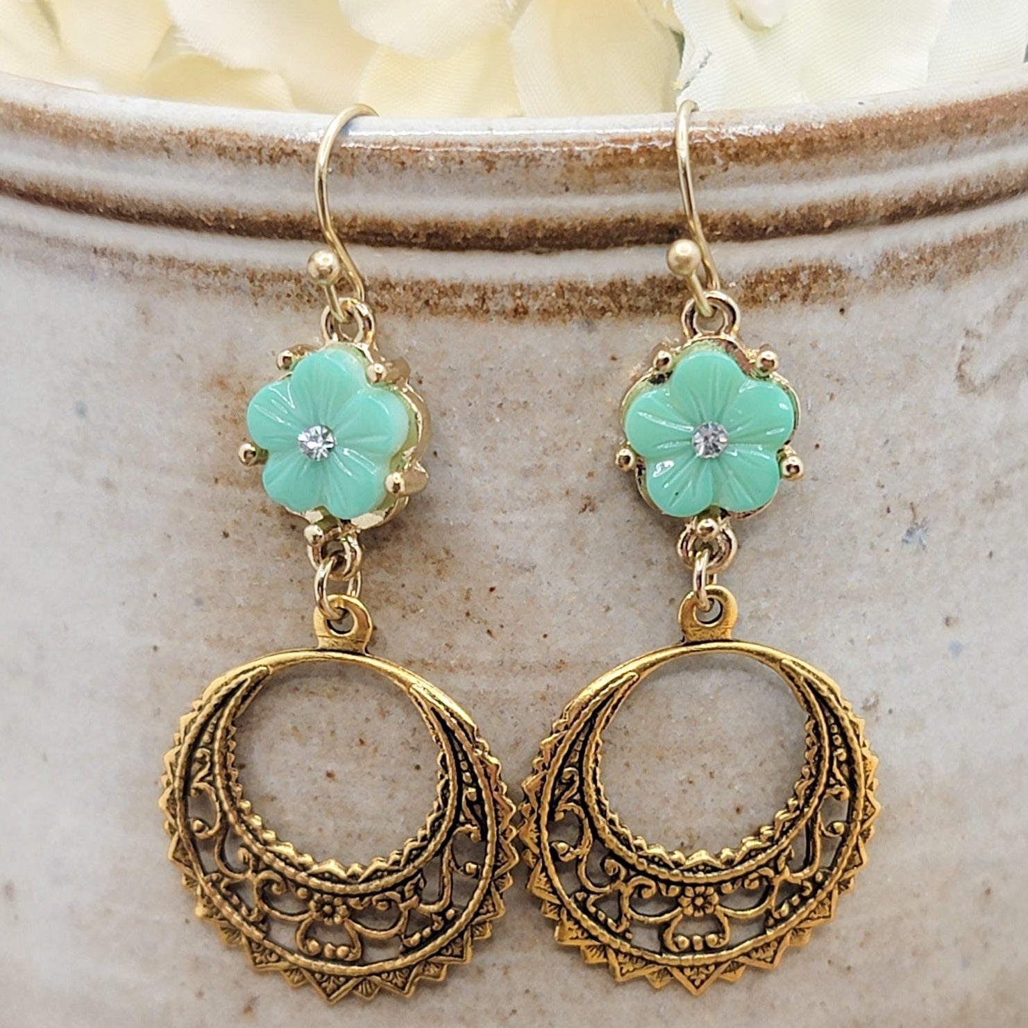 Mint Green And Gold Round Filigree Dangle Earrings - Nicki Lynn Jewelry